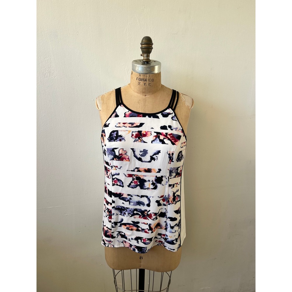 White House Black Market Floral Striped Sleeveless Blouse Keyhole Back Small